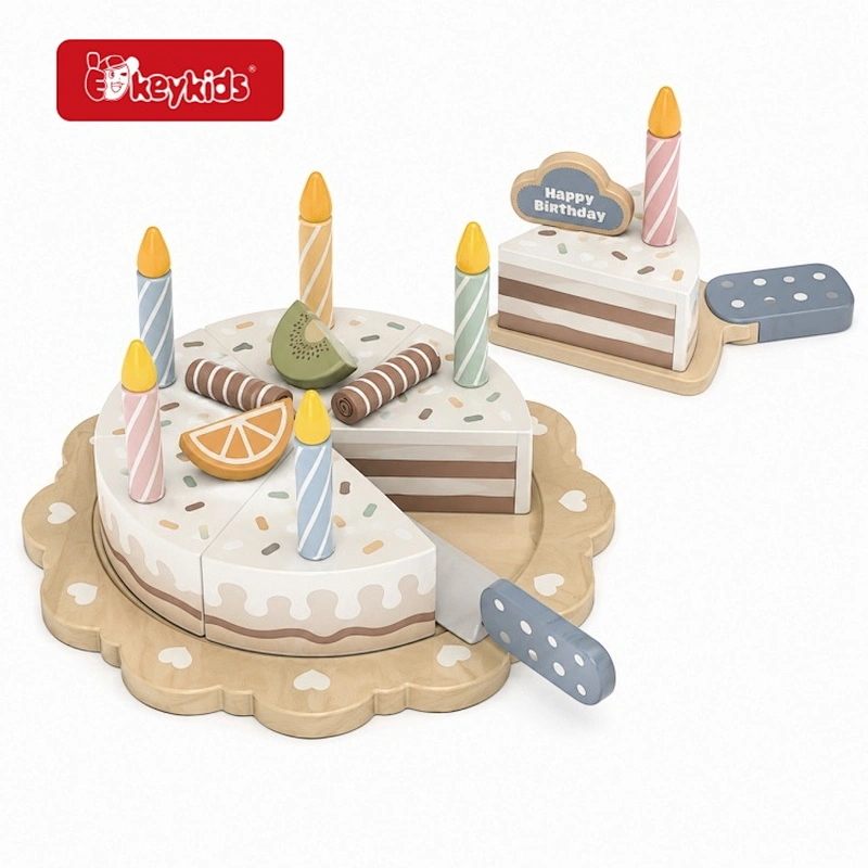 Wooden Single-Layer Birthday Cake Toy Set with Cutting Slices, Candles, Fruit Toppings,Happy Birthday Sign&Serving Knife W10B600